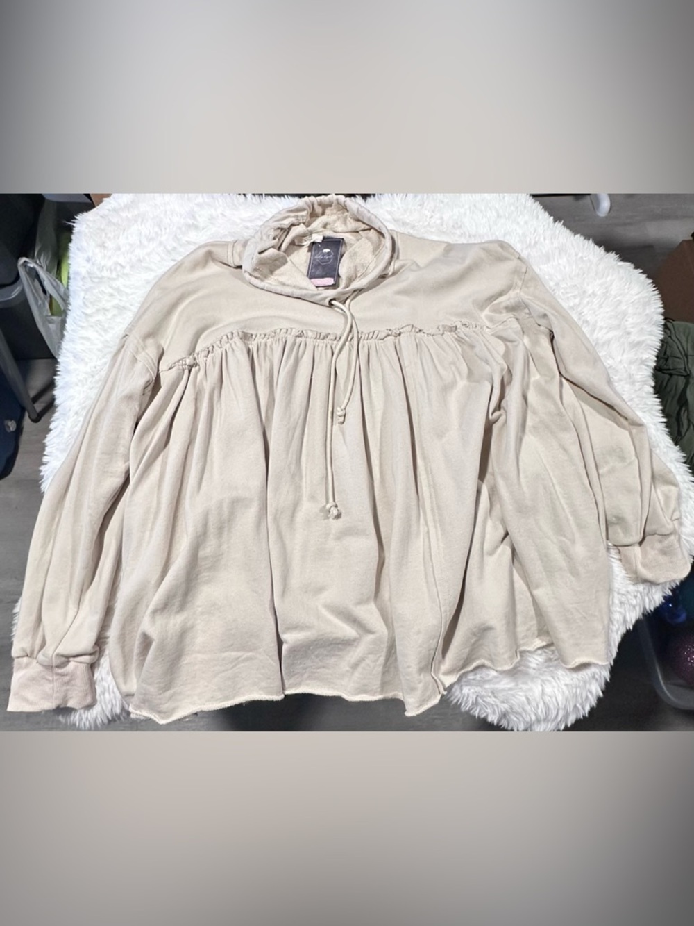 Oversized Gathered Cream babydoll sweater blouse with Drawstring cowl neck